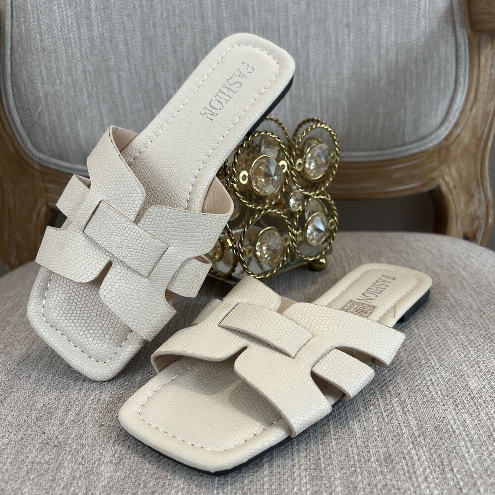 Faux Snakeskin Pattern Sandals Slip On Flats Ivory Women’s Size EU 37 6.5 US